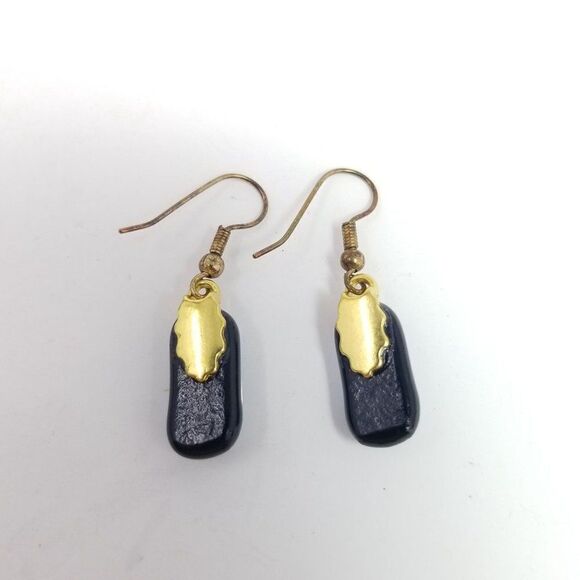 Vintage Blue Black Art Glass Drop Earrings, Small Dangle, Estate - Picture 4 of 6